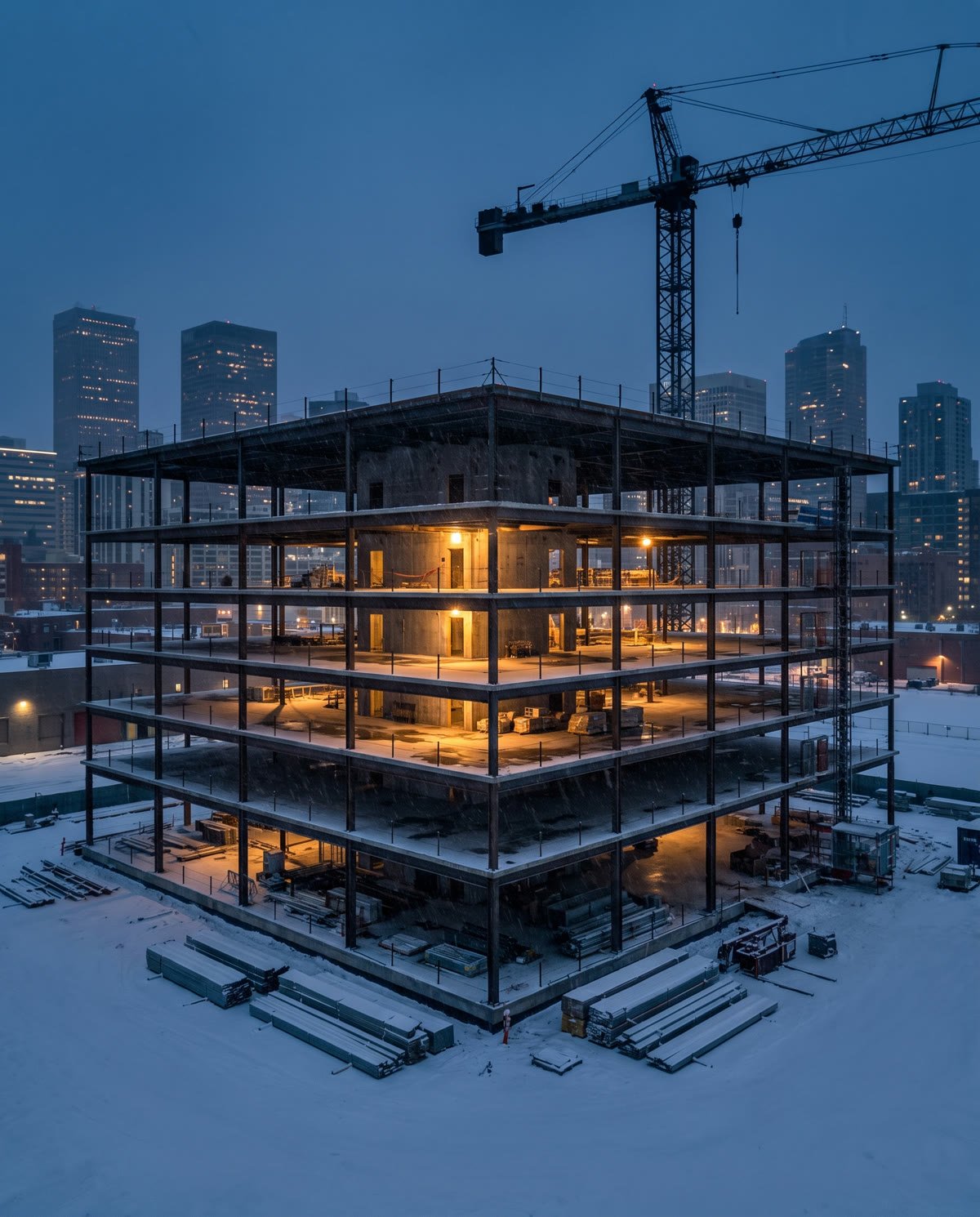 A commercial building under construction at dusk, lit by work lights