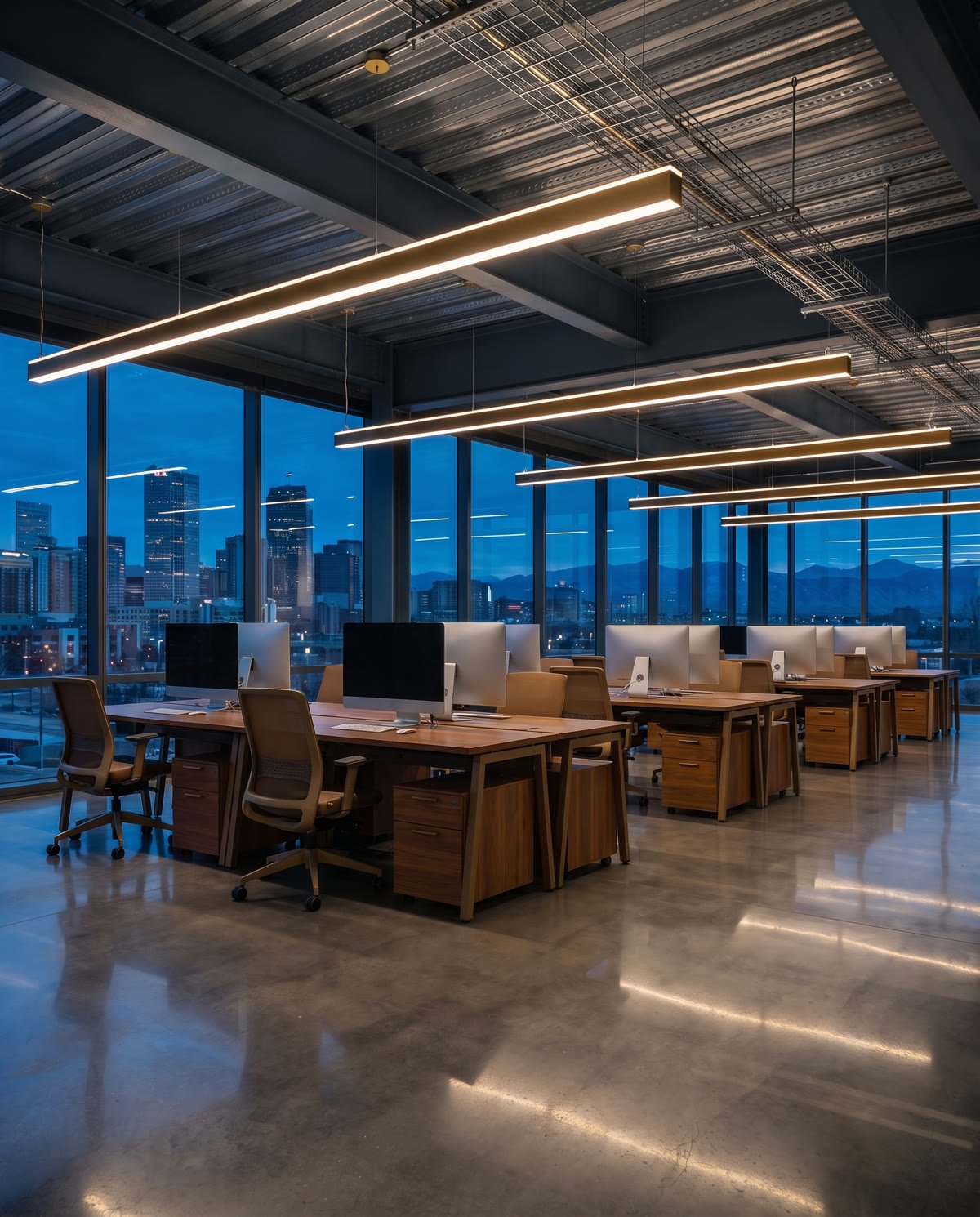 An office floor at dusk with its lights on and the city outside the windows