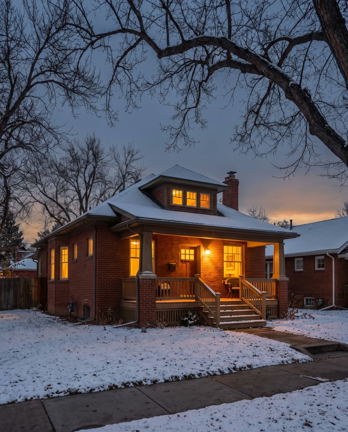 A brick Denver home at dusk with warm light in every window